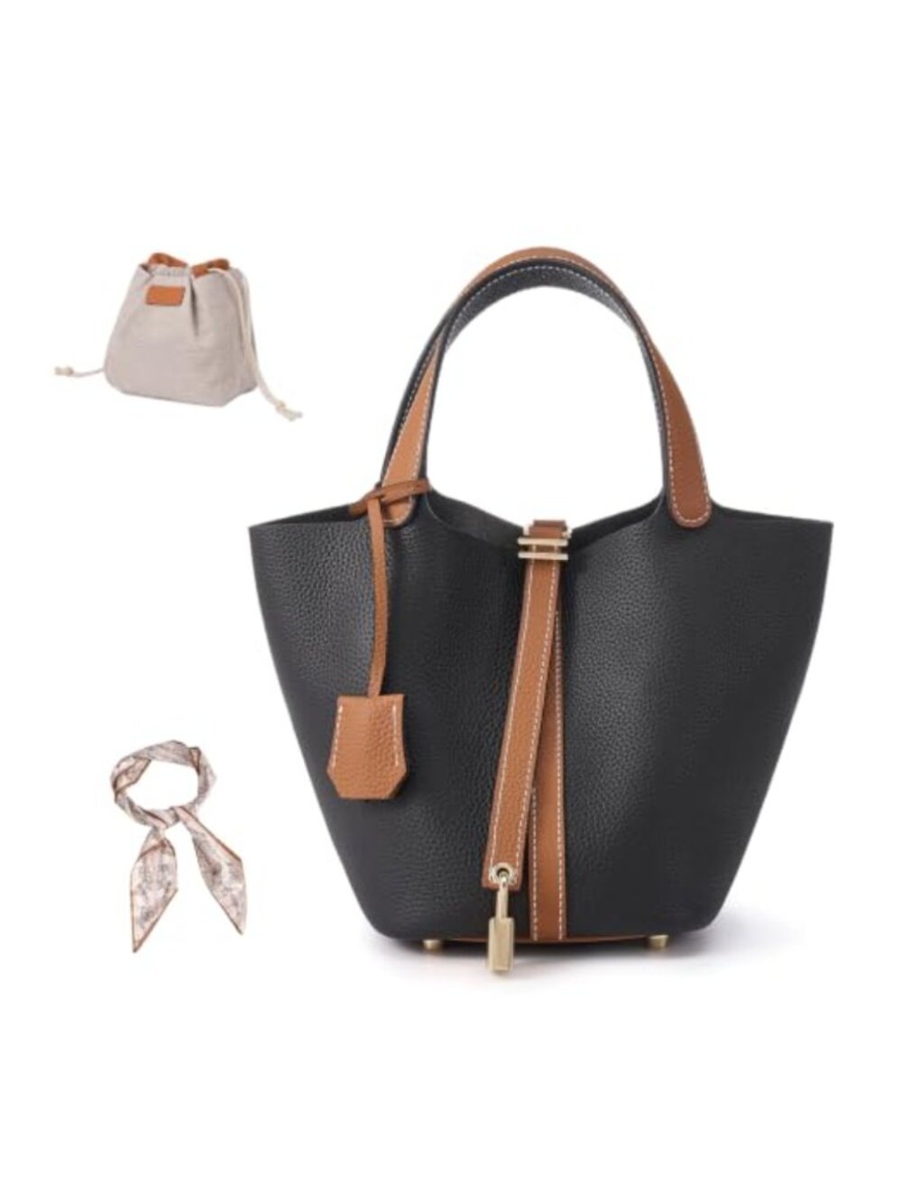 Genuine Leather Bucket Bag Top Handle Satchel with Lock Design for Women